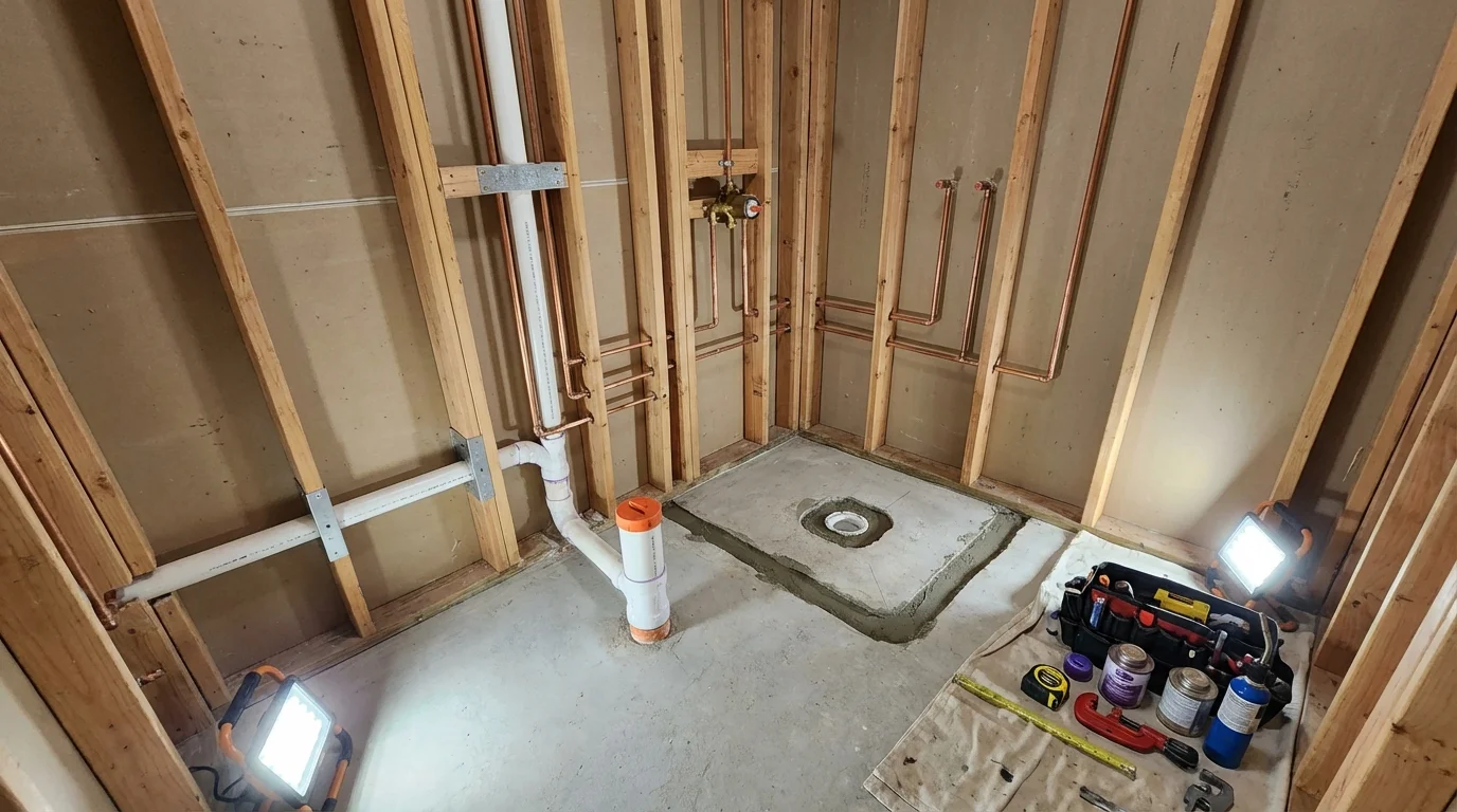 Bathroom rough-in plumbing during remodel by Johns Plumbing LLC in Summit Hill