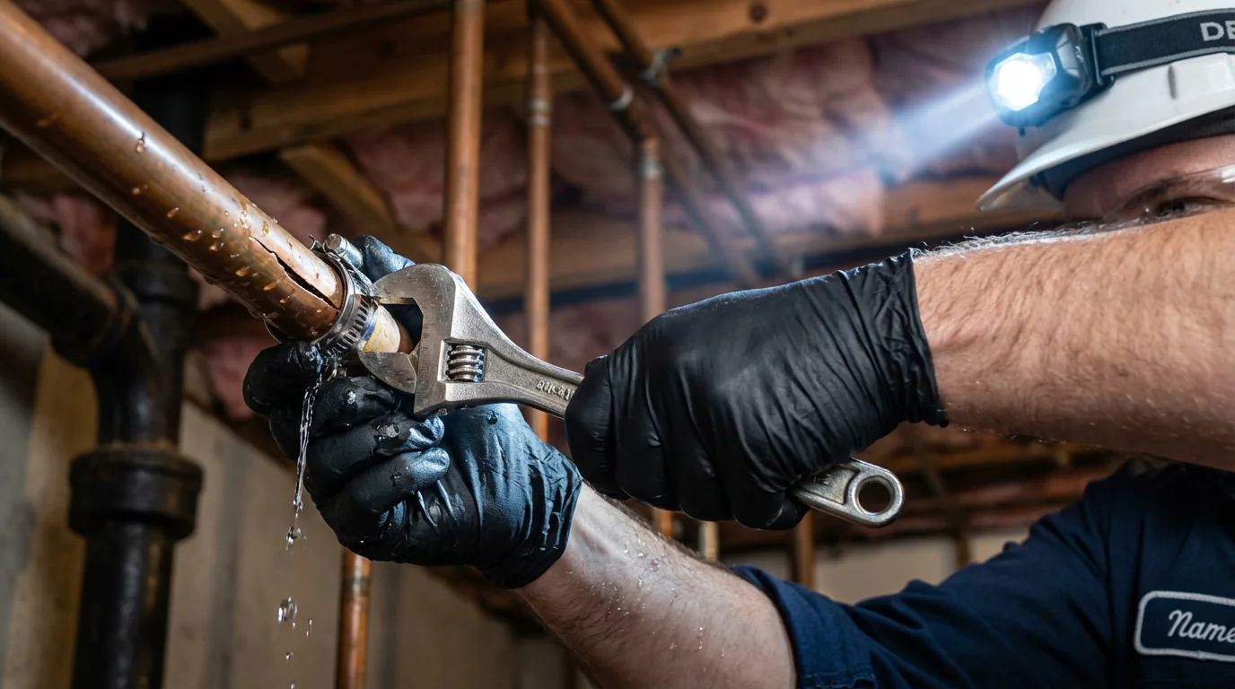 Emergency pipe clamp repair being performed by a Johns Plumbing LLC plumber in Summit Hill