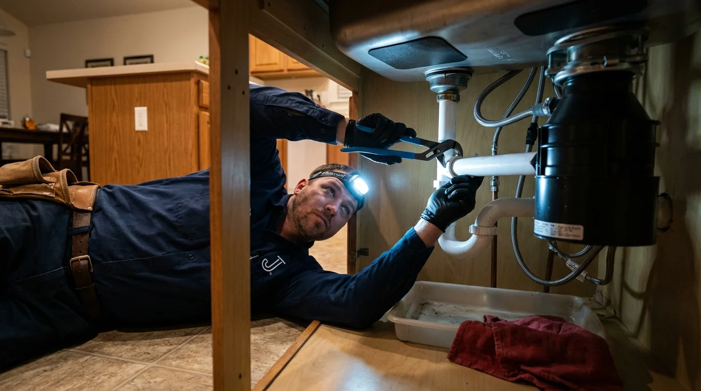 P-trap and supply line connections under a kitchen sink showing a common leak point in Summit Hill, PA